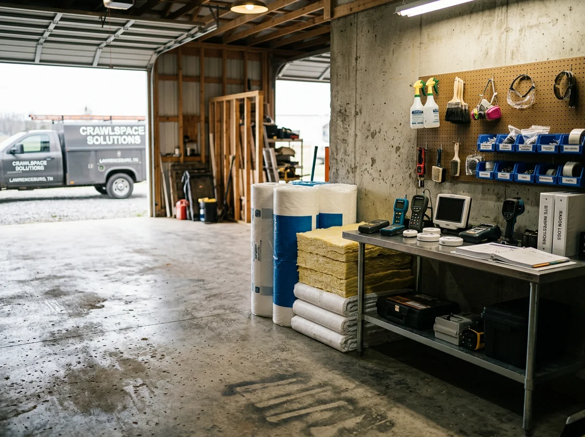 Professional crawlspace tools and equipment arranged on a work surface, representing the specialized trade.