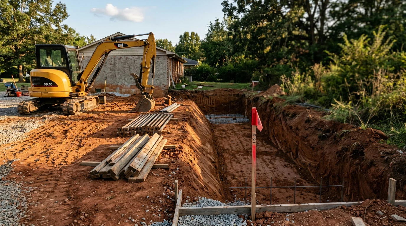 Excavation contractor preparing a site for crawlspace and drainage work.