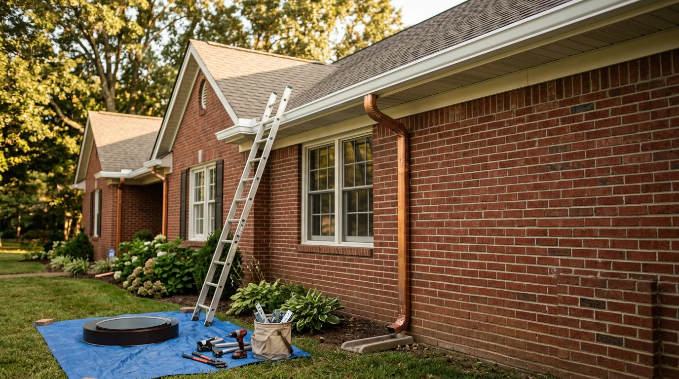 Gutter service contractor installing and repairing gutters on a residential home.