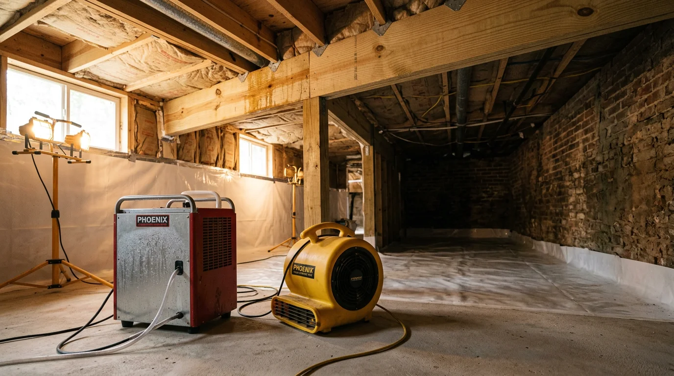 Professional water damage restoration team extracting water from flooded basement in Lawrenceburg home