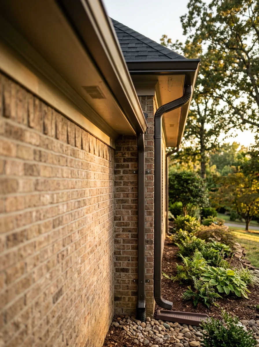 New gutter installation on a Brentwood, TN estate home showing an aluminum gutter with a downspout extension directing water away from the foundation on a sloped lot.