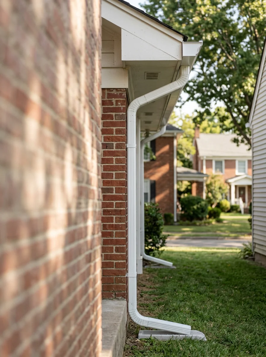 Gutter installation on a Columbia, TN home showing a new aluminum gutter and downspout extension directing water away from the foundation.
