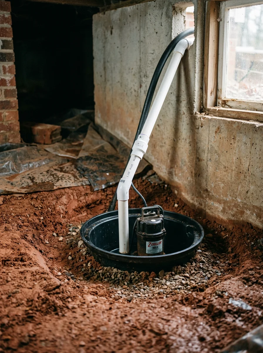 A crawl space sump pump basin being installed in a Decatur, AL home near the Tennessee River, with the pump set into the clay soil floor and discharge line routed to the exterior.