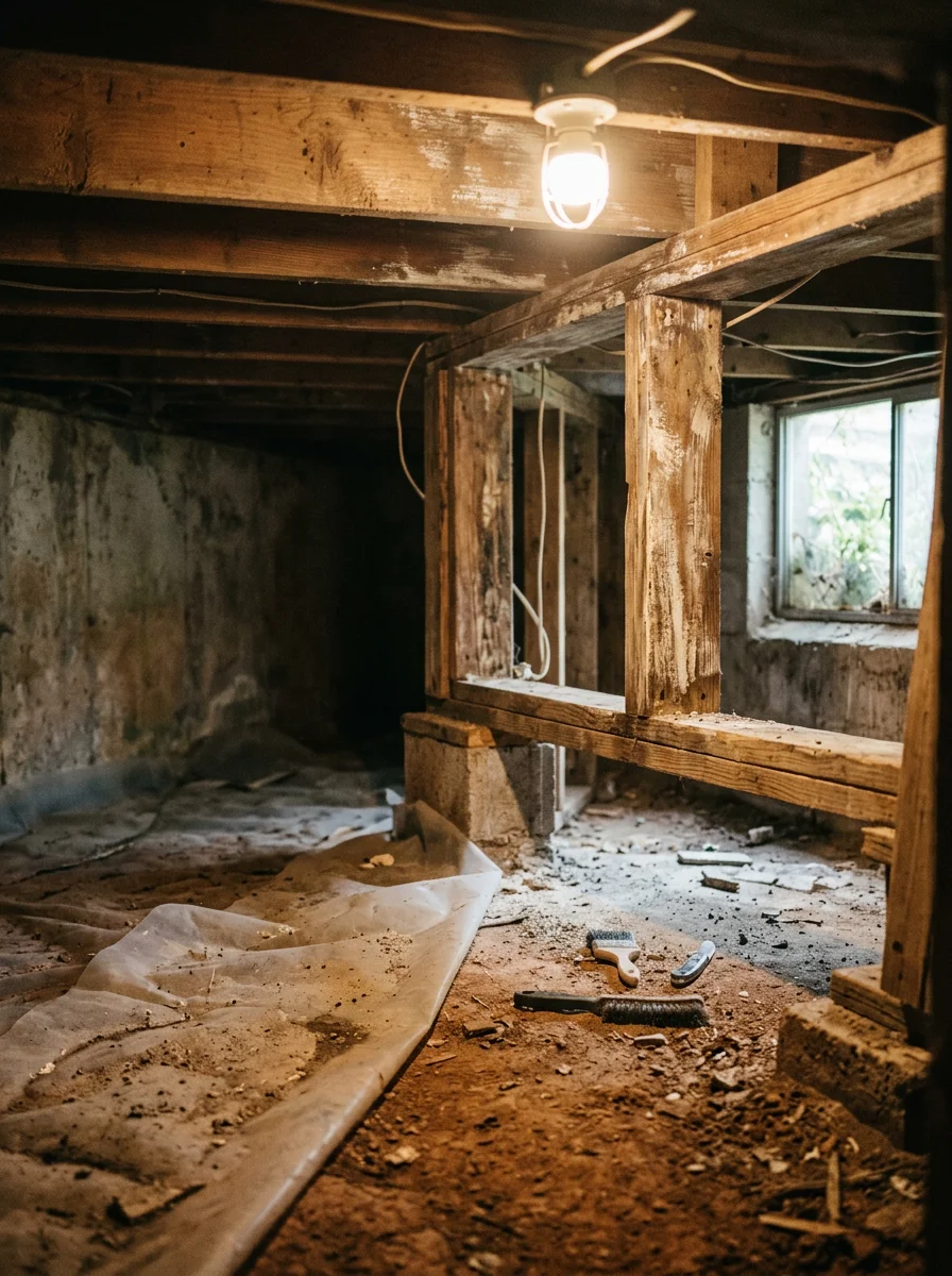Mold remediation in progress on wood floor joists in an older Huntsville, AL home near Five Points, with treated framing visible before vapor barrier installation.