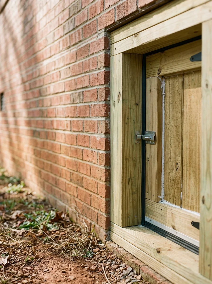 Close-up of a crawl space access door being repaired on a Lawrenceburg, TN home, with new framing and a sealed threshold visible.