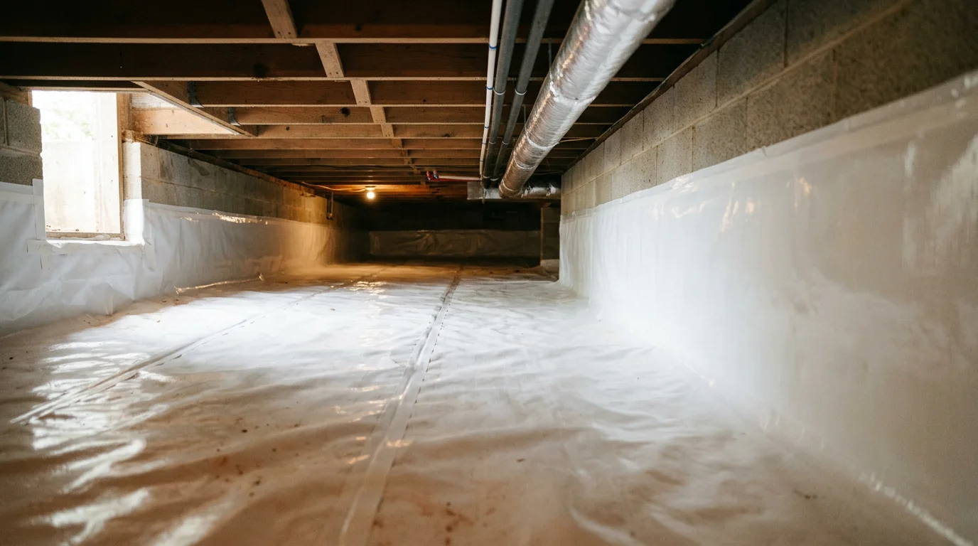 A crawl space beneath a 1950s ranch home in Lawrenceburg, TN showing a freshly installed white vapor barrier covering the clay soil floor and sealed foundation walls.