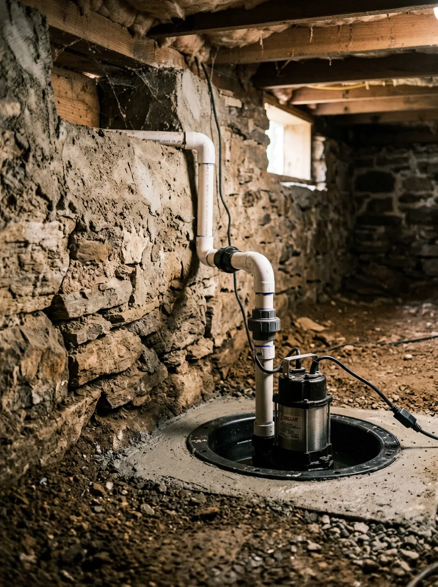 A crawl space sump pump installation in a Lewisburg, TN home near Rock Creek, with the pump basin set into the crawl space floor and discharge line running to the exterior.