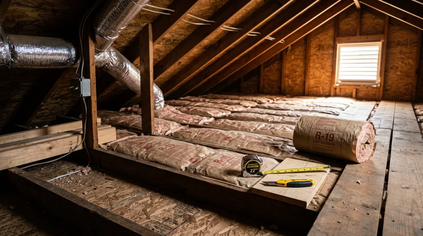 A Lawrenceburg, TN attic showing freshly installed insulation covering the attic floor with visible coverage across joists. The image shows a clean, properly insulated attic space in a Middle Tennessee residential home.