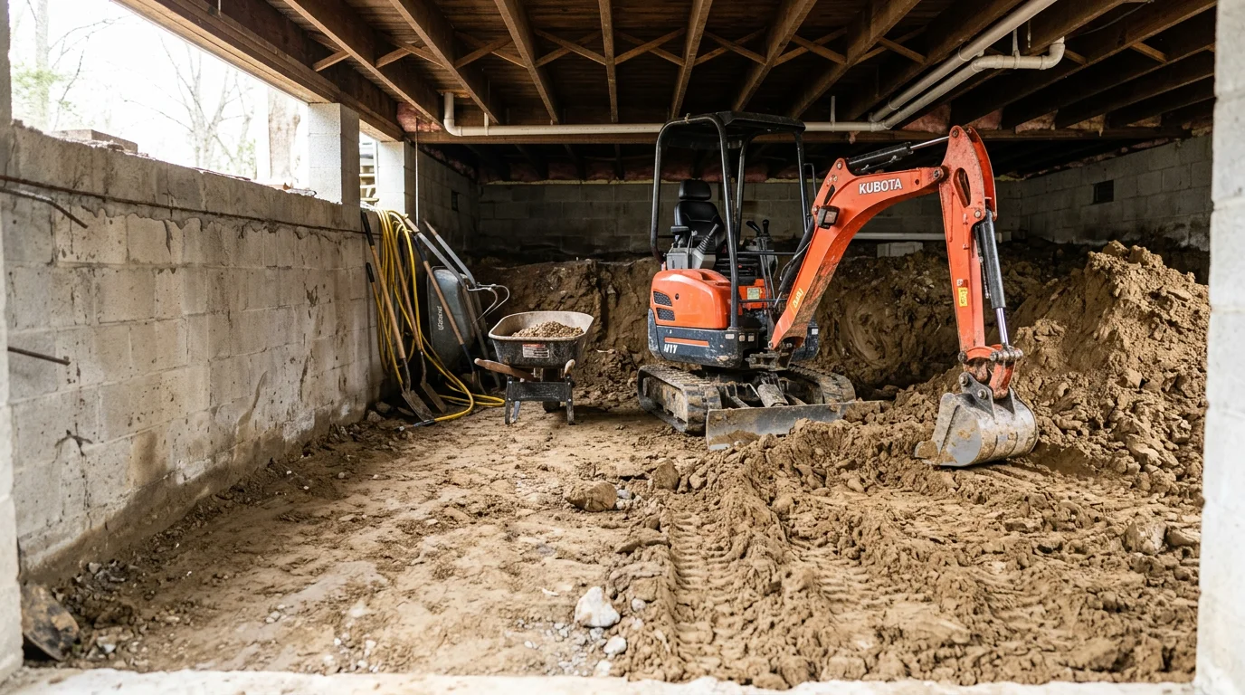 A crawlspace beneath a Middle Tennessee home after excavation, showing cleared soil, increased clearance between the ground and floor joists, and open access for inspection or repair work. The space is clean and free of debris, ready for moisture control or structural improvements.