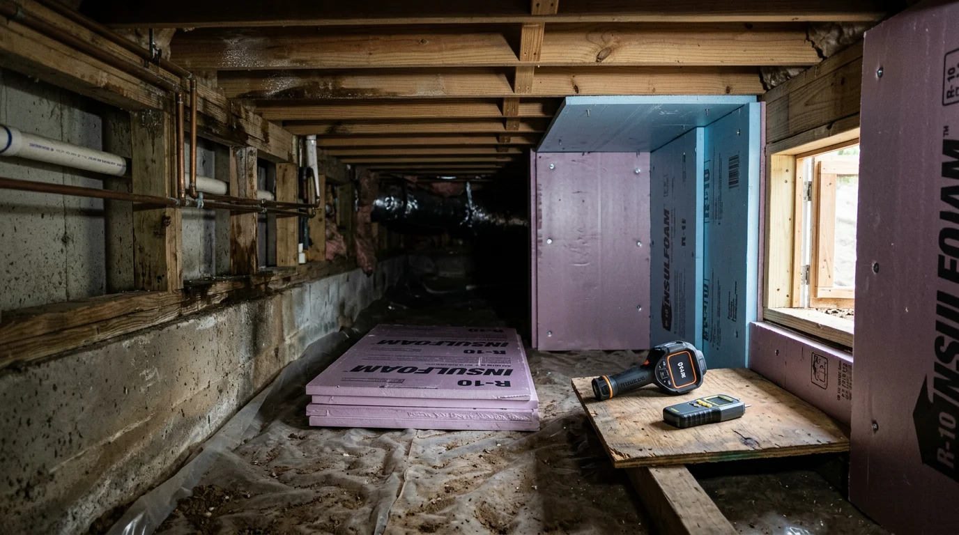 A clean, freshly insulated crawlspace beneath a residential home in Lawrenceburg, Tennessee, showing insulation installed along the floor joists and foundation walls. The crawlspace is dry and free of sagging or damaged material.
