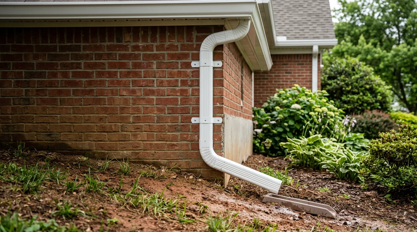A newly installed downspout on a residential home in Lawrenceburg, Tennessee, routing rainwater away from the foundation along a brick exterior. The downspout extends to discharge water onto a gravel splash area set away from the home's perimeter.