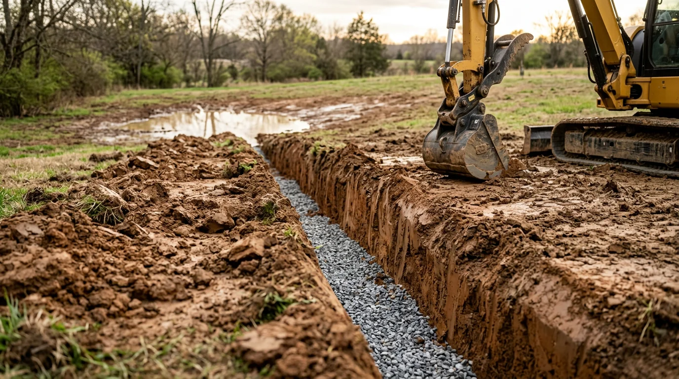 Excavated drainage trench running along the side of a residential property in Lawrenceburg, Tennessee, with exposed clay soil and a clear channel directing water away from the home's foundation.