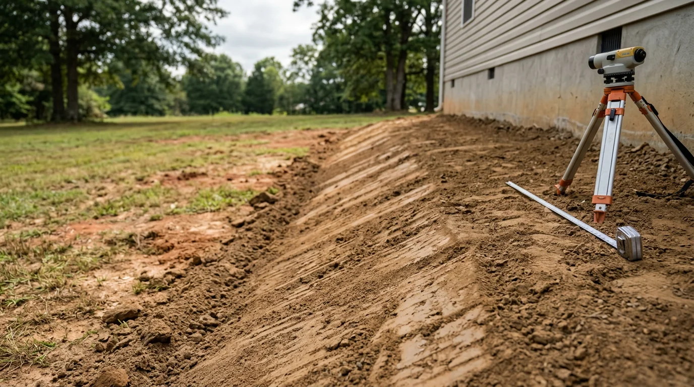 Excavator reshaping sloped yard soil around a residential foundation in Lawrenceburg, Tennessee. Freshly graded earth slopes away from the home's crawlspace perimeter on a clay-soil lot.