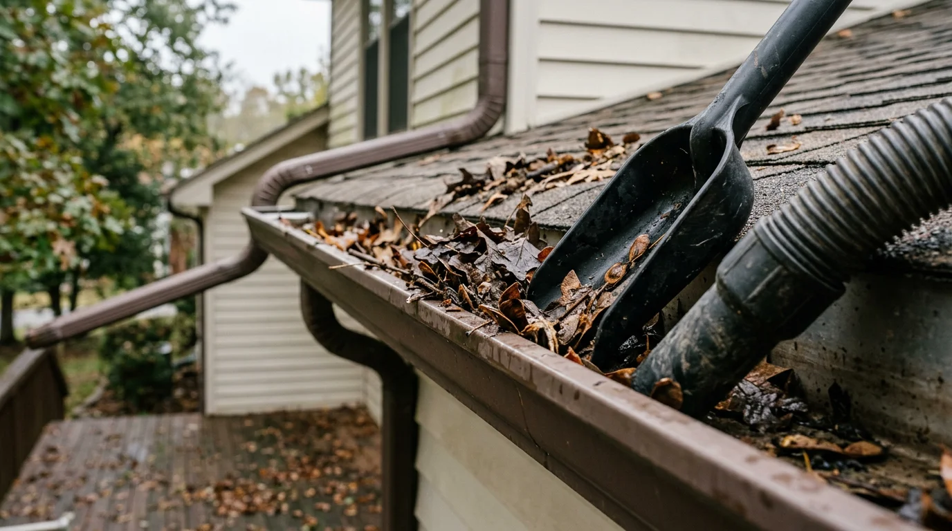 A gutter on a Lawrenceburg, TN home packed with wet leaves and debris from local oak and hickory trees, shown before and after professional cleaning with downspouts fully cleared and water flowing freely.