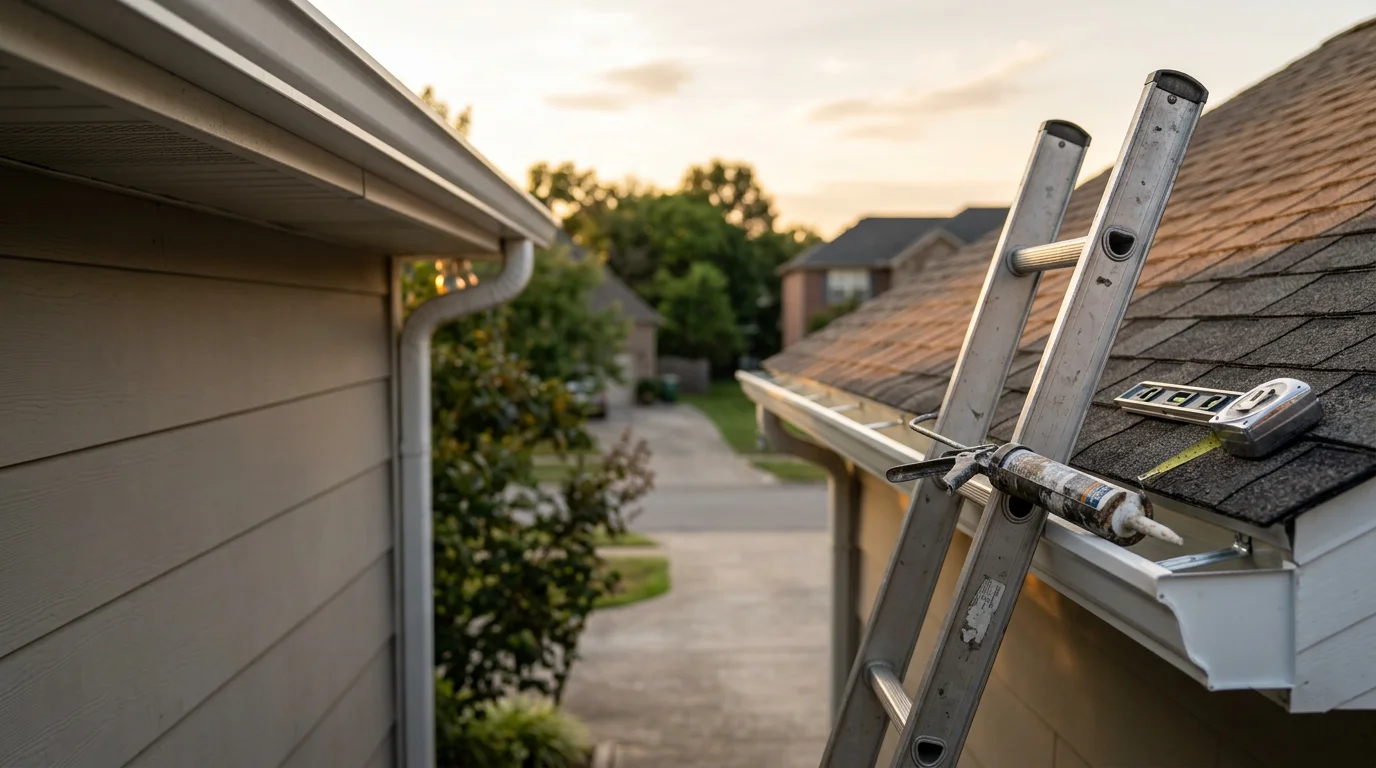 Newly installed gutters running along the roofline of a residential home in Lawrenceburg, TN, with downspouts positioned to direct water away from the foundation. The installation shows clean fascia attachment and proper alignment along the eave.