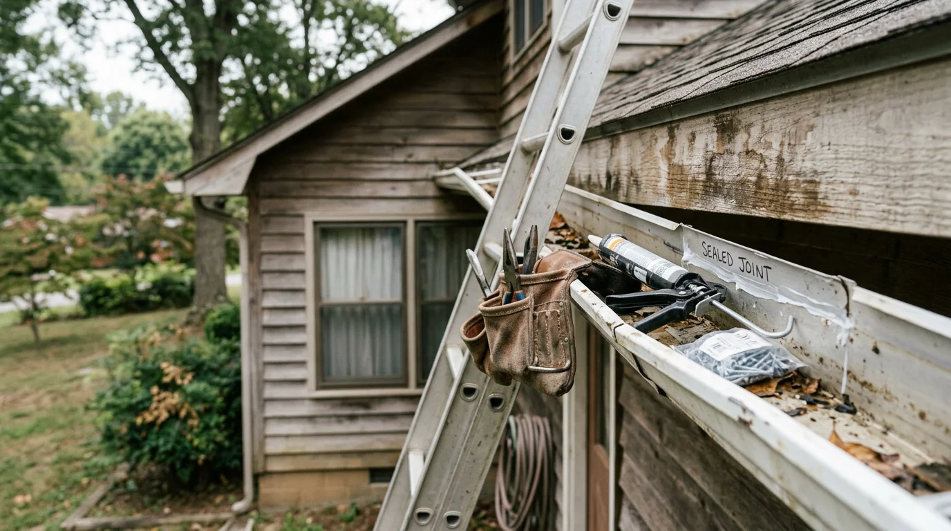 A gutter section on a residential home in Lawrenceburg, TN being repaired where it has pulled away from the fascia board. A technician is resecuring the gutter to restore proper alignment and drainage along the roofline.