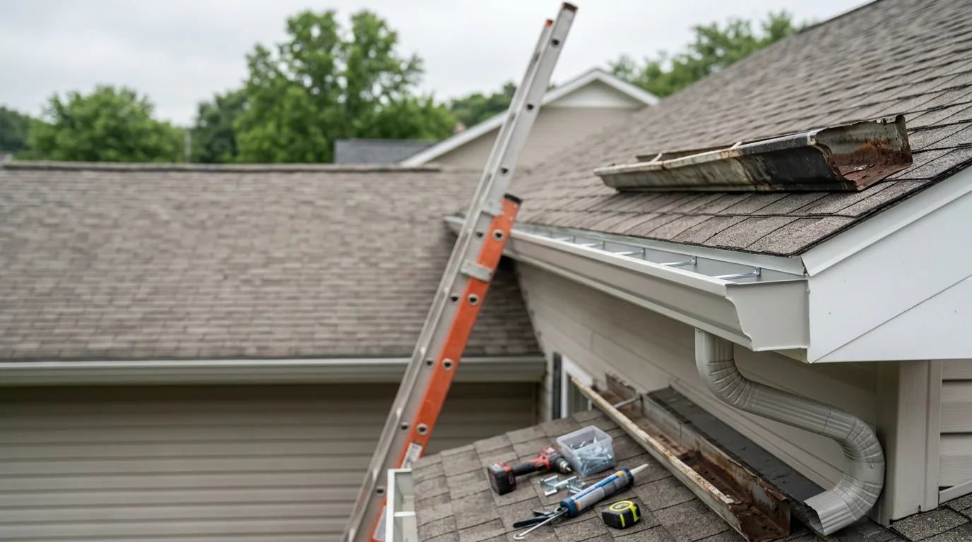 Worn and sagging gutters being removed from a residential home in Lawrenceburg, TN, with new gutter sections staged for installation along the roofline. Close view shows separated fascia and rust damage on the old system.