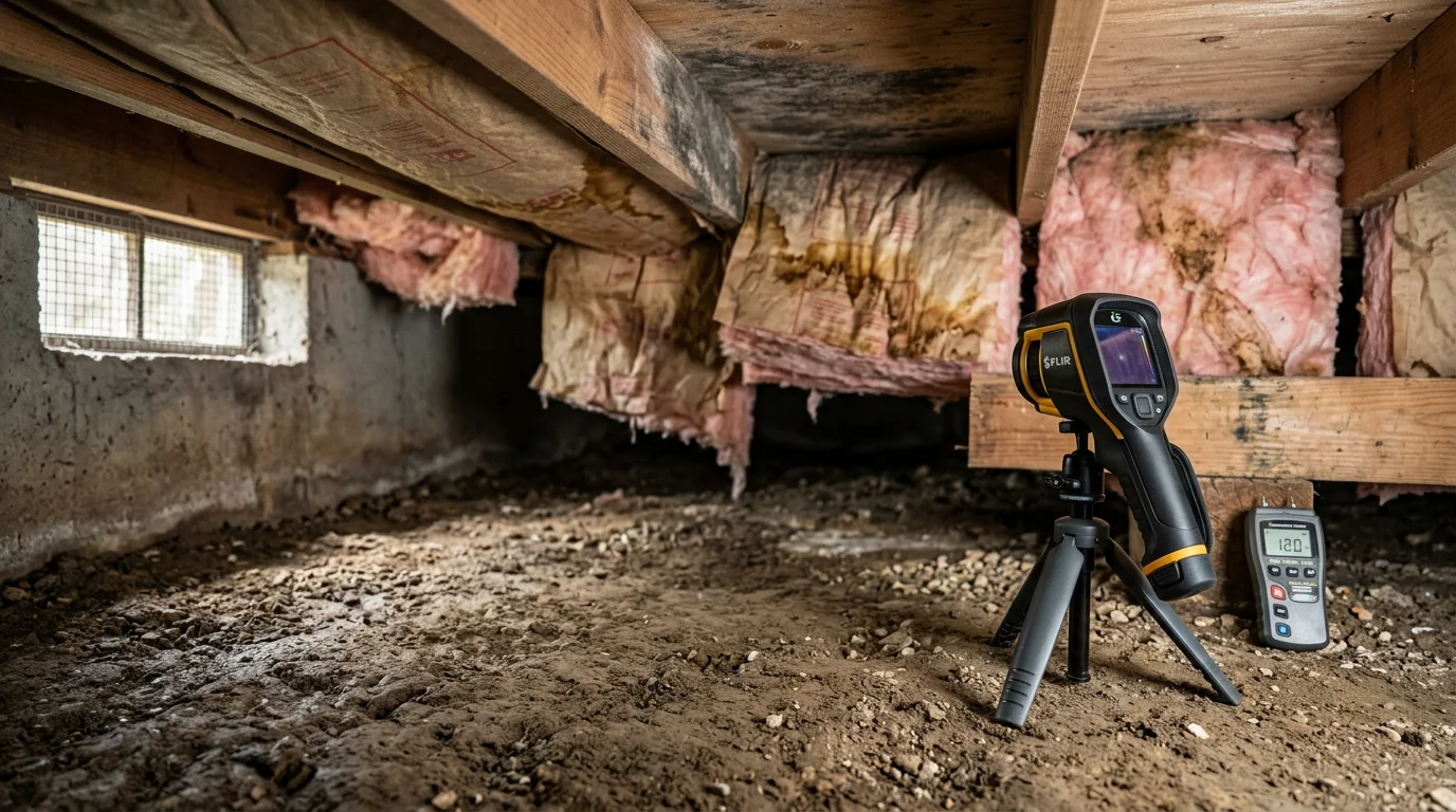 A contractor inspecting crawl space insulation beneath a home in Lawrenceburg, Tennessee, checking for moisture damage and fallen batts along the floor joists.