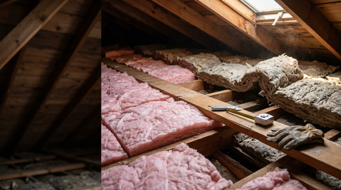 A technician adding insulation material to an under-insulated ceiling cavity in an older home in Lawrenceburg, Tennessee. The image shows existing thin insulation being built up to improve thermal performance in a Lawrence County residence.