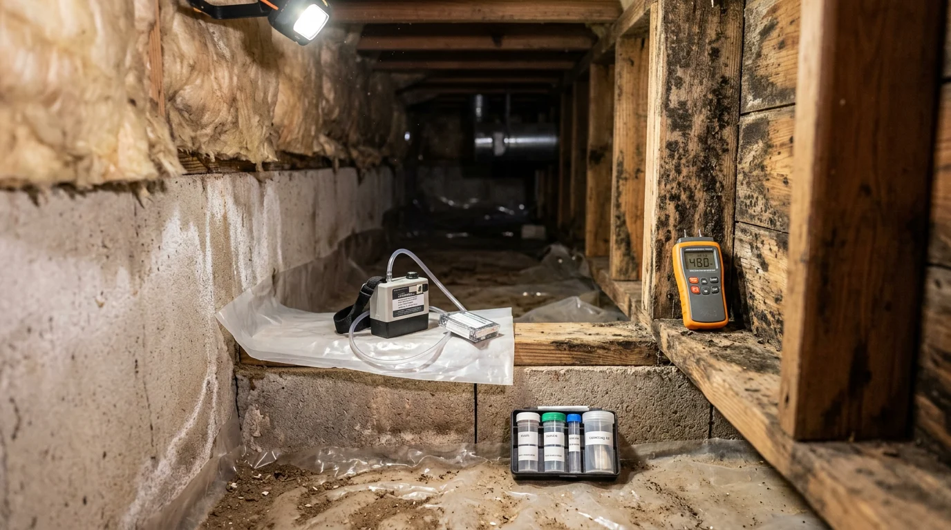 A mold inspection technician checking crawl space floor joists beneath a residential home in Lawrenceburg, Tennessee, using a moisture meter to identify areas of active mold growth on wood framing.