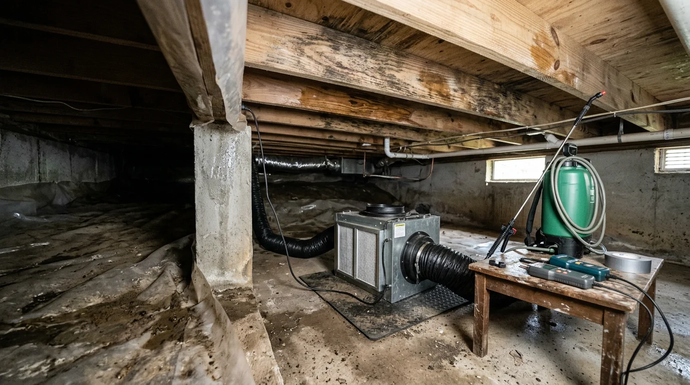 Crawl space beneath a Middle Tennessee home showing treated wood floor joists after professional mold removal. The area under the house is clean and dry, with no visible mold growth remaining on structural wood surfaces.