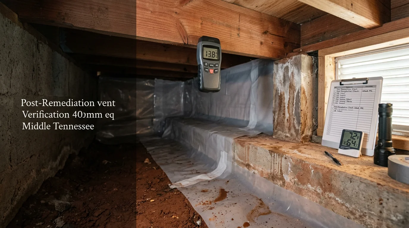 A crawl space technician taking moisture readings on wood floor joists in a Lawrenceburg, TN home after water damage remediation. The crawl space shows exposed framing and a vapor barrier being assessed for post-remediation verification.