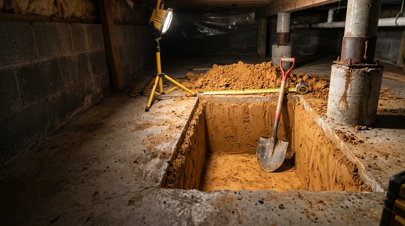 A freshly excavated sump pump pit in a crawl space beneath a home in Lawrenceburg, Tennessee, with visible clay soil walls and a clean, level pit floor ready for liner and pump placement.