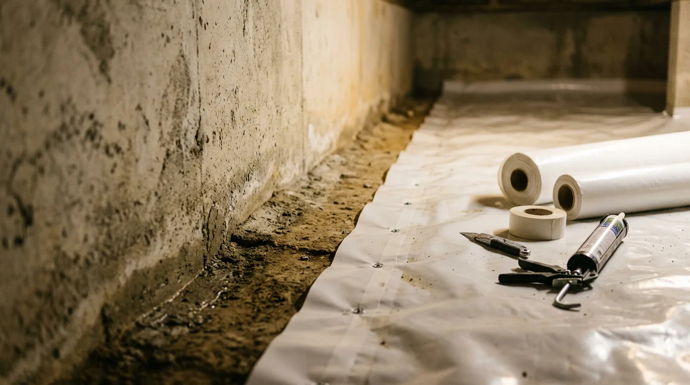 A freshly installed vapor barrier covering the dirt floor and foundation walls of a crawl space beneath a home in Lawrenceburg, TN. The white polyethylene liner runs wall to wall with seams overlapped and edges secured against the block foundation.